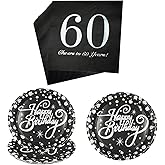 AMNAMN Black and Silver 60th Birthday Party Paper Plates and Napkins,60th Birthday/Anniversary Party Tableware Set Dessert Plates Napkins for Women and Men Serve 20