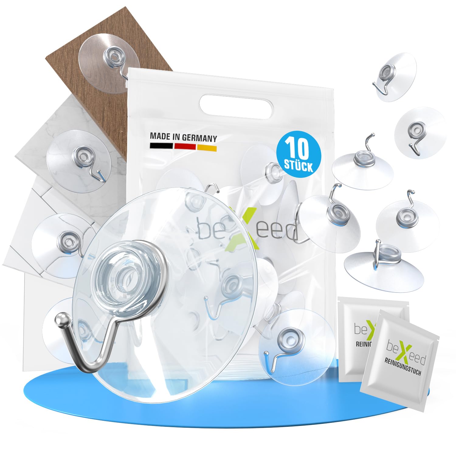 Suction Cup Hooks [Pack of 10] Including Pre-Cleaning Cloth - Suction Hooks Extra Strong - Suction Cups for Windows Bathroom Kitchen Glass Mirror Tiles - No Drilling (Diameter 20 mm)