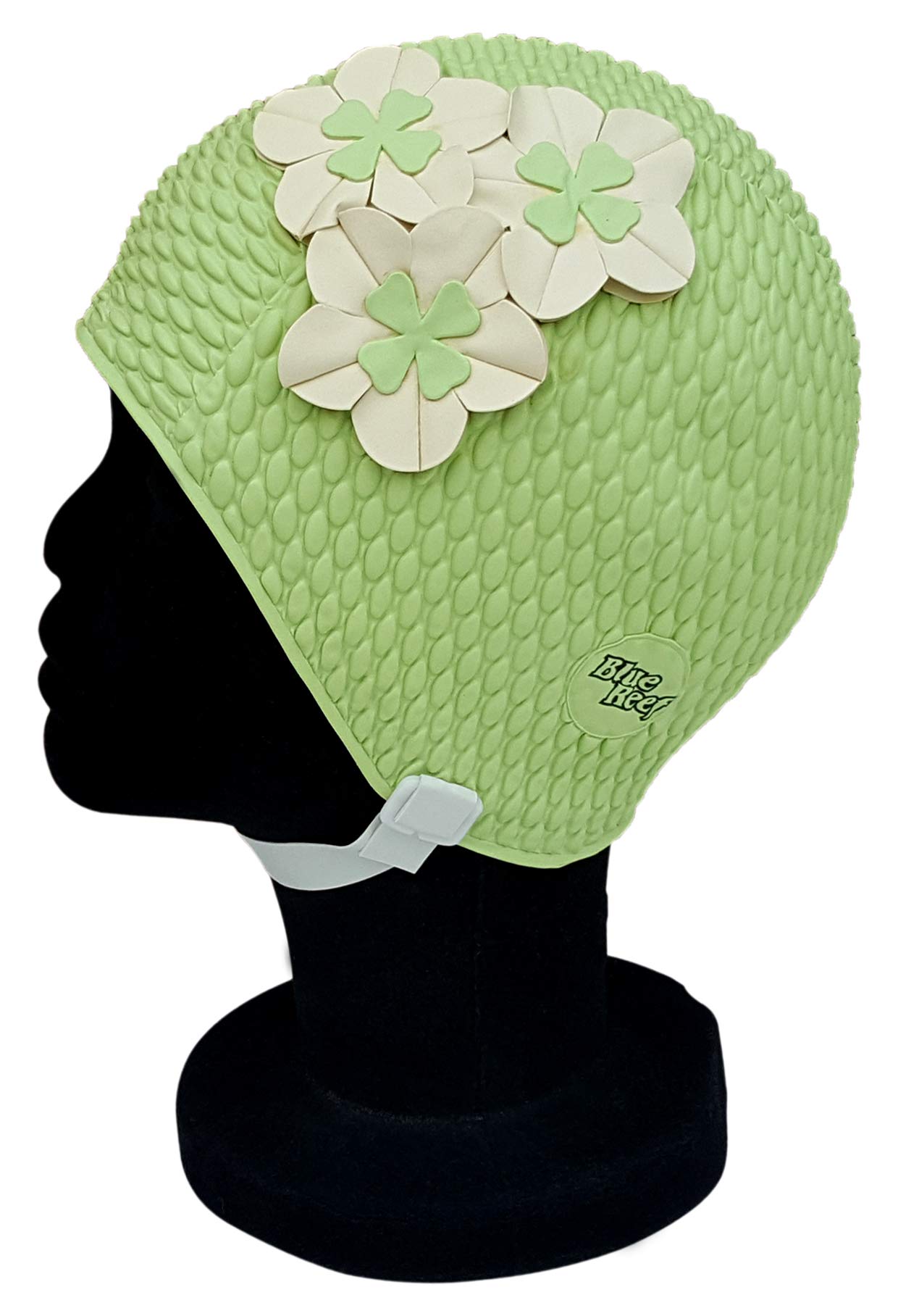 Blue Reef Seoul Bubble Single Colour Floral Ladies Classic Retro 3 Flower 2 Colour Trio Of 3D Petal Stylish Vintage Swimming Hat Swim Cap One Size Adults With Strap (Green/White)