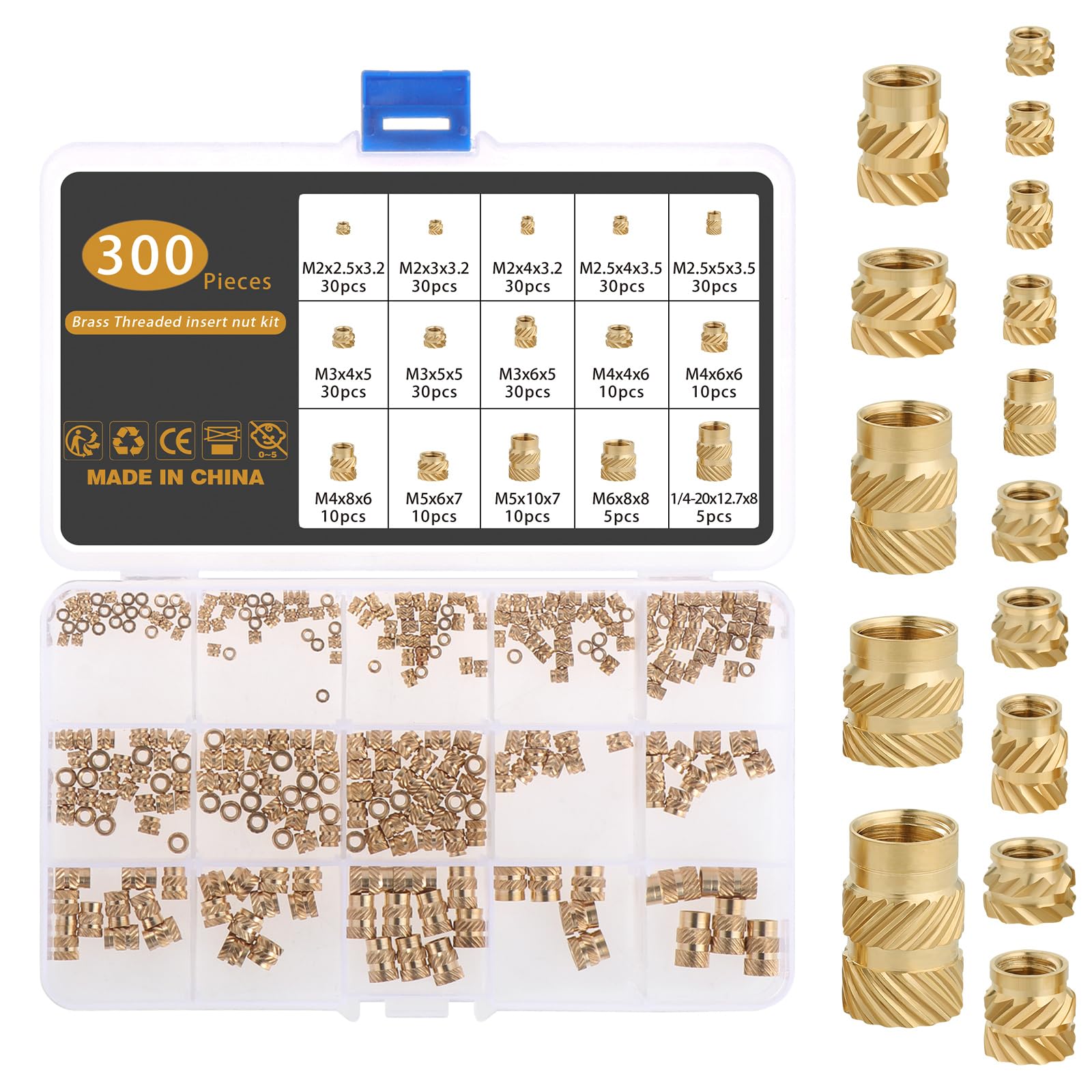 Gueenky 300PCS Threaded Inserts for Plastic, M2 M2.5 M3 M4 M5 M6 1/4-20 Heat Threads Insert Assortment, 15 Sizes Brass Heat Set Inserts for 3D Printer Parts