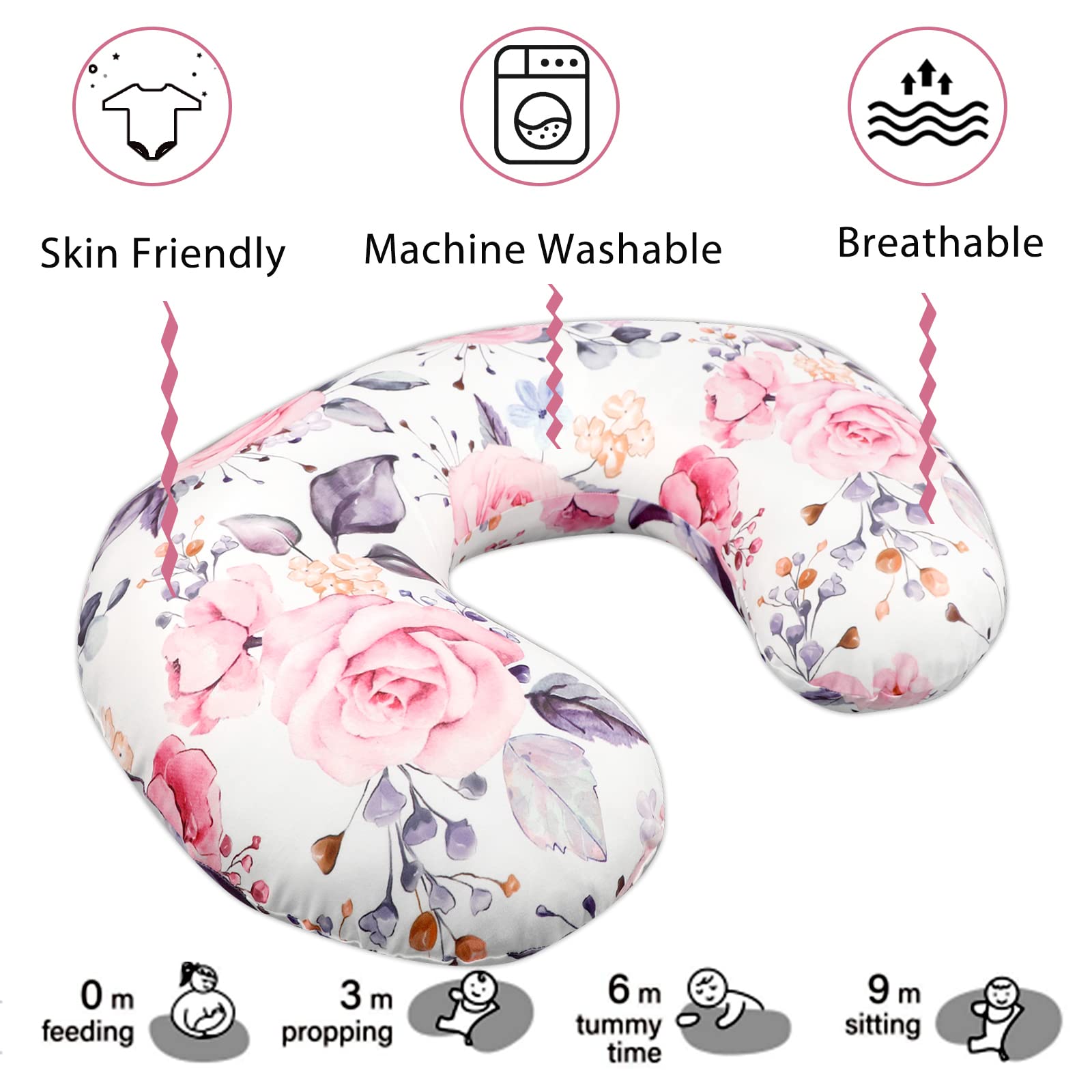Nursing Pillow Cover for Baby Girl, Stretchy Removable Slipcover for Breastfeeding Pillows, Ultra Soft Comfortable Nursing Pillowcase, Baby Must Have (Pink Floral)