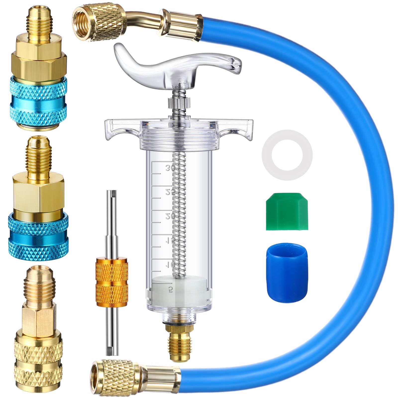 Photo 1 of Tellegloww Oil and Dye Injector Kit 1/4 SAE with SAE R134a Oil Injector R1234yf Low Side Quick Coupler R410a Split Adapter Compatible with R134A R22 R12 R1234YF, Hand Push Compressor Manual 1oz/30ml