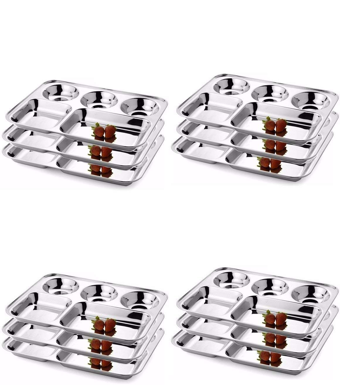 WhopperIndia Stainless Steel Five Compartment Round Plate, Thali, Mess Tray, Dinner Plate Set of 12 pcs- 33 cm Each