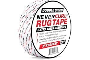 iPrimio NeverCurl Extra Thick Carpet Tape Double Sided with Mesh Fabric - 2" by 60 Feet Double Sided Tape Roll for Mats, Pads