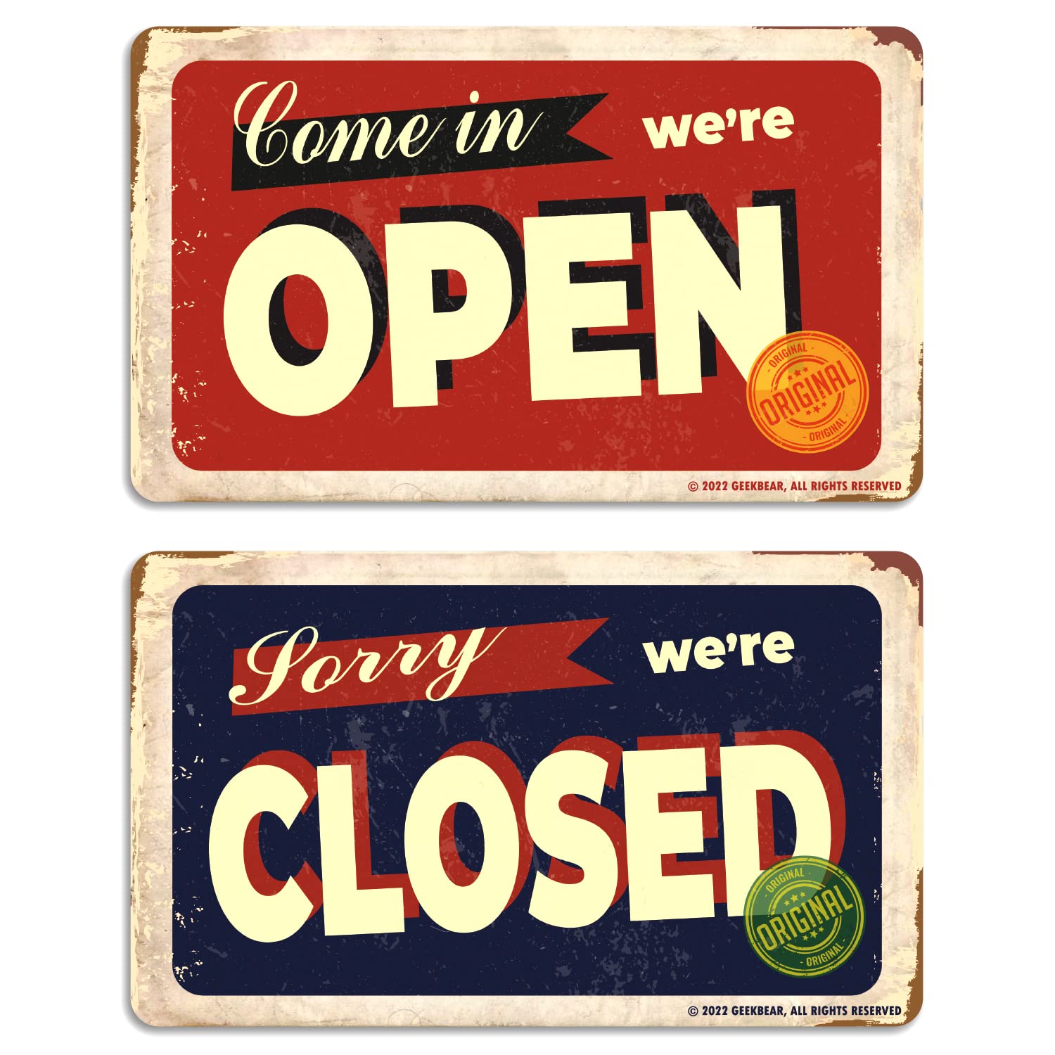 GEEKBEAR Open Closed Sign for Business - Acrylic, Double Sided, 9.8 x 5.9 in (04. Vintage Stamp)