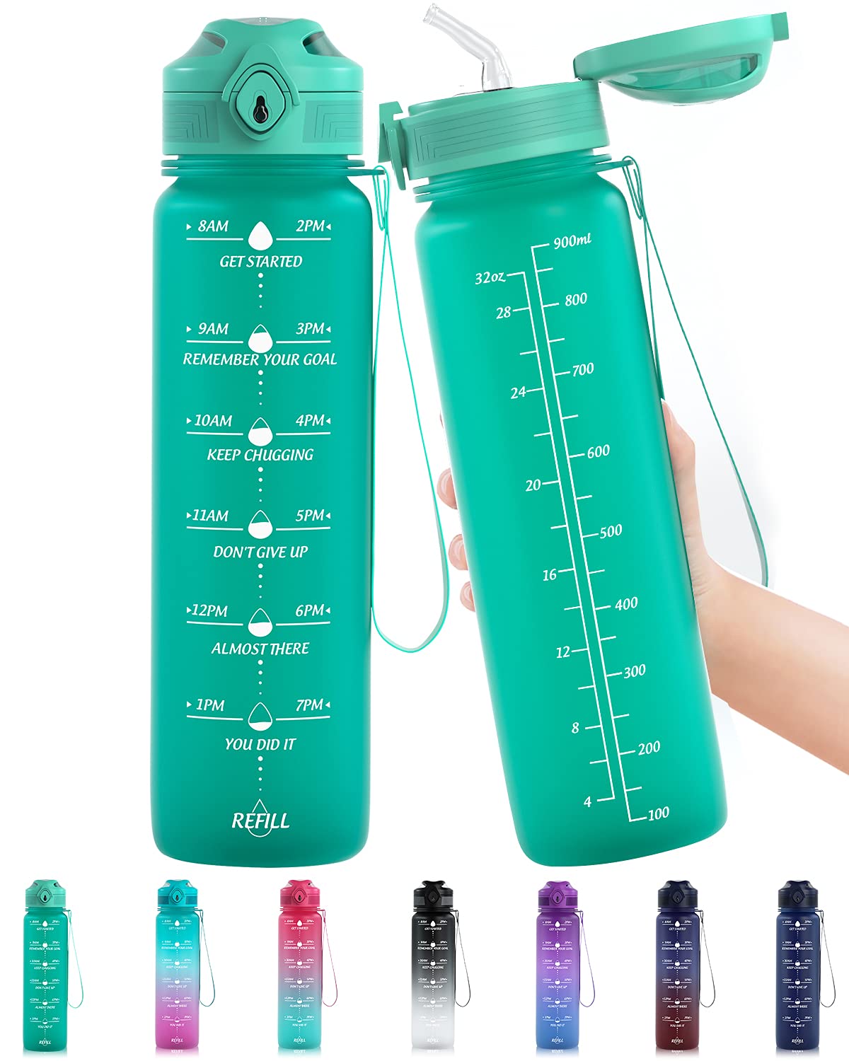 Lunidry 1 litre Water Bottle with Straw, 32oz Motivational Sports Water Bottle with Time markings, BPA Free Tritan Leakproof Reusable Drink Bottles for Running, Cycling, Gym, Outdoor Sport