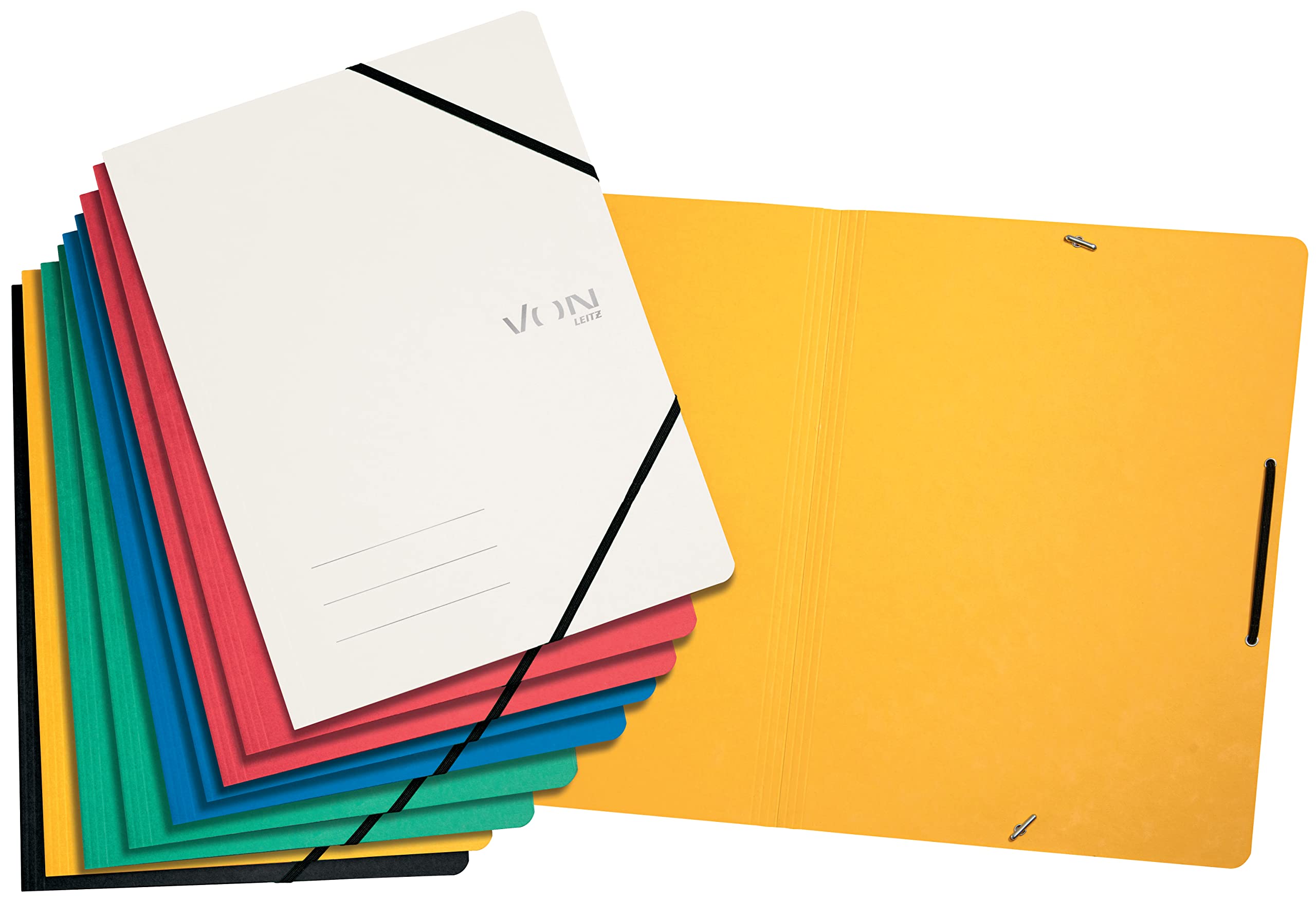 VON Leitz 30112099 Pack of 10 A4 Folder with Elastic Band, with Modern Von Print, for School and Home, Multicoloured, Pack of 10