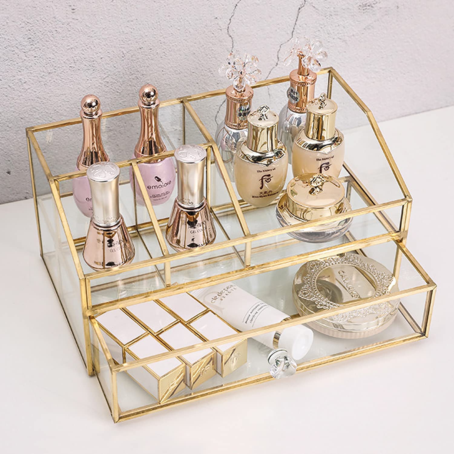 Photo 1 of bofeiull Glass Makeup Brush Holder, Makeup Brush Organizer Jewelry Display Box, Nordic Style Elegant Glass Makeup Organizer Nail Polish Lipsticks Eyeliners Holder for Vanity Bathroom Bedroom Office