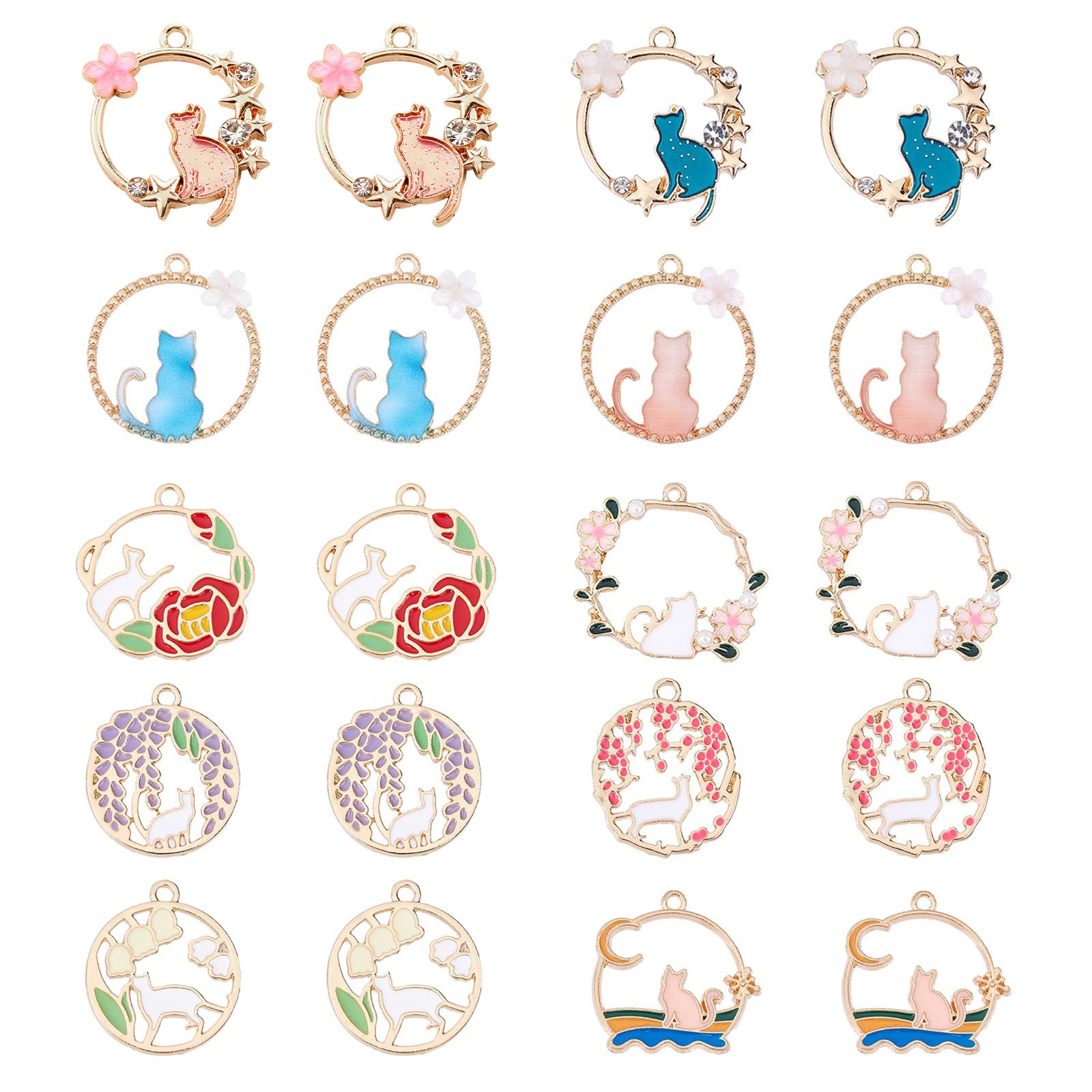 SUNNYCLUE 20Pcs 10 Styles Gold Plated Enamel Flower Cat Pendant Charms Alloy Eamel Flower Charms Bulk Jewelry Findings for Earring Bracelet Necklace Jewelry Making Supplies Craft — image 1
