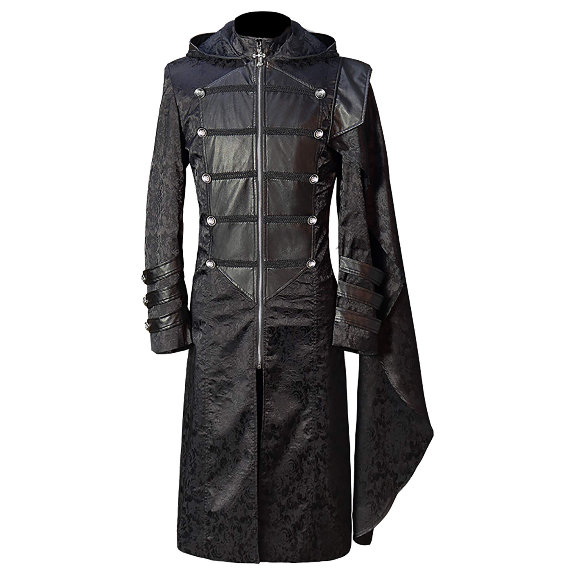 Feynman Men's Gothic Steampunk Coat With Hood - Retro Trench, Medieval Frock, Victorian Party Costume, Tailcoat, Court, Long Sleeve Jacket, Gothic Banquet - Black, M