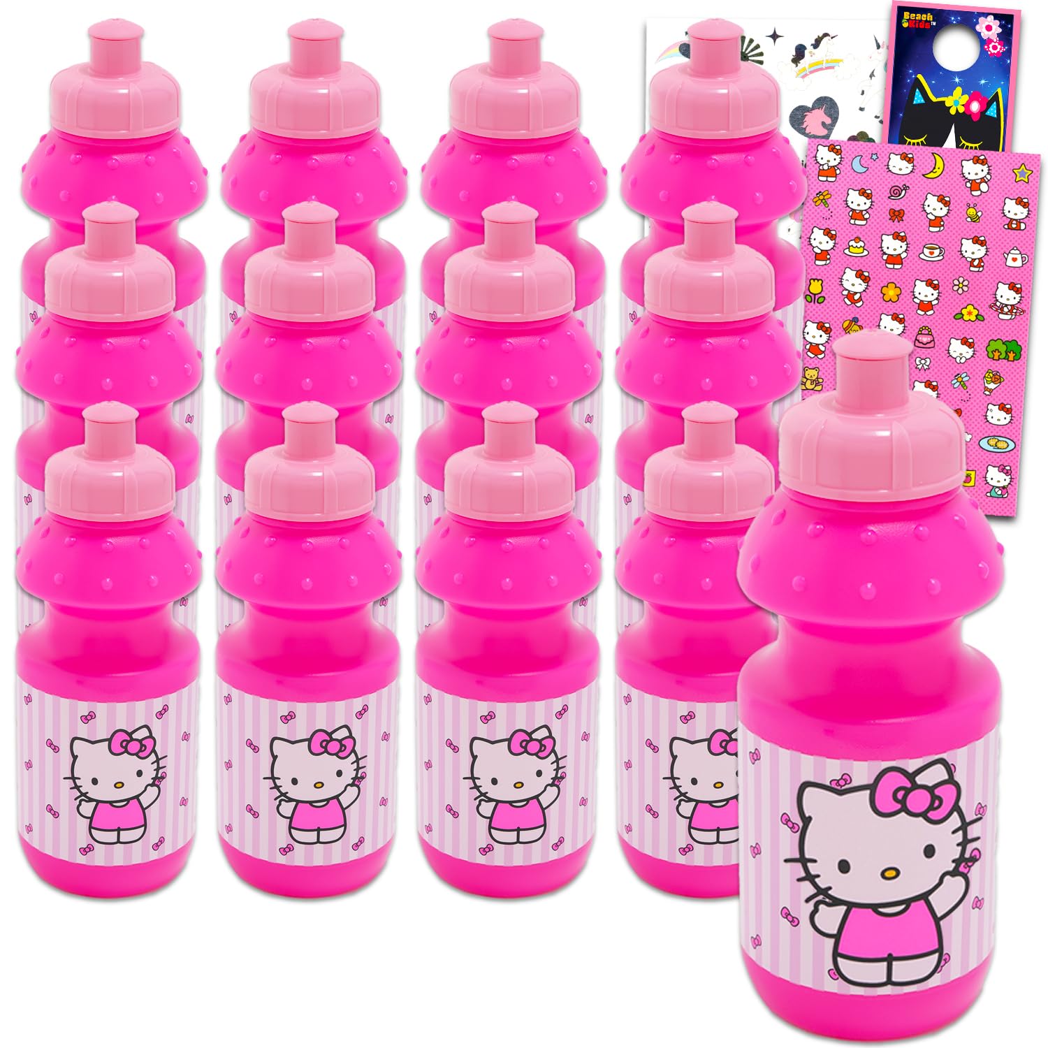 Photo 1 of SANRIO Hello Kitty Kids 11 Oz Reusable Water Bottles - Hello Kitty Party Favor 12 Piece Bundle with 11 Oz Bottle with Pull Top Lid Plus Tattoos, Stickers for Girls | Bulk Hello Kitty Water Bottles