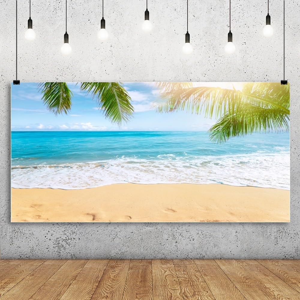 Renaiss 12x6ft Hawaii Summer Seaside Backdrop Tropical Beach Sun Palm Trees Photography Background Travel Vacation Wedding Party Decoration Kids Adults Portrait Shooting Large Vinyl Studio Props