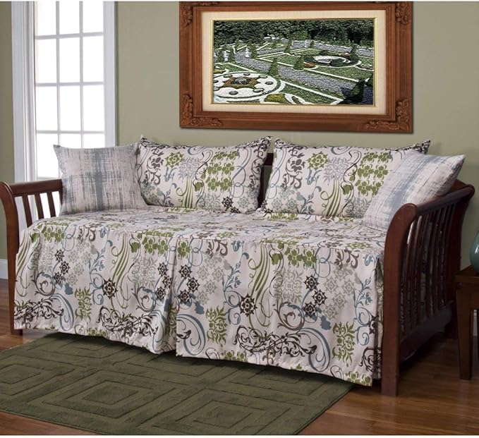 N2 5 Piece Green White Floral Daybed Set, Geometric French Country Shabby Chic Motif