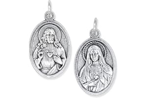 CARITAS ET FIDES Pack of 5 - Immaculate Heart of Mary and Sacred Heart of Jesus Medals - 1" Silver Oxidized Catholic Pendants for Necklace and Rosary, Made in Italy
