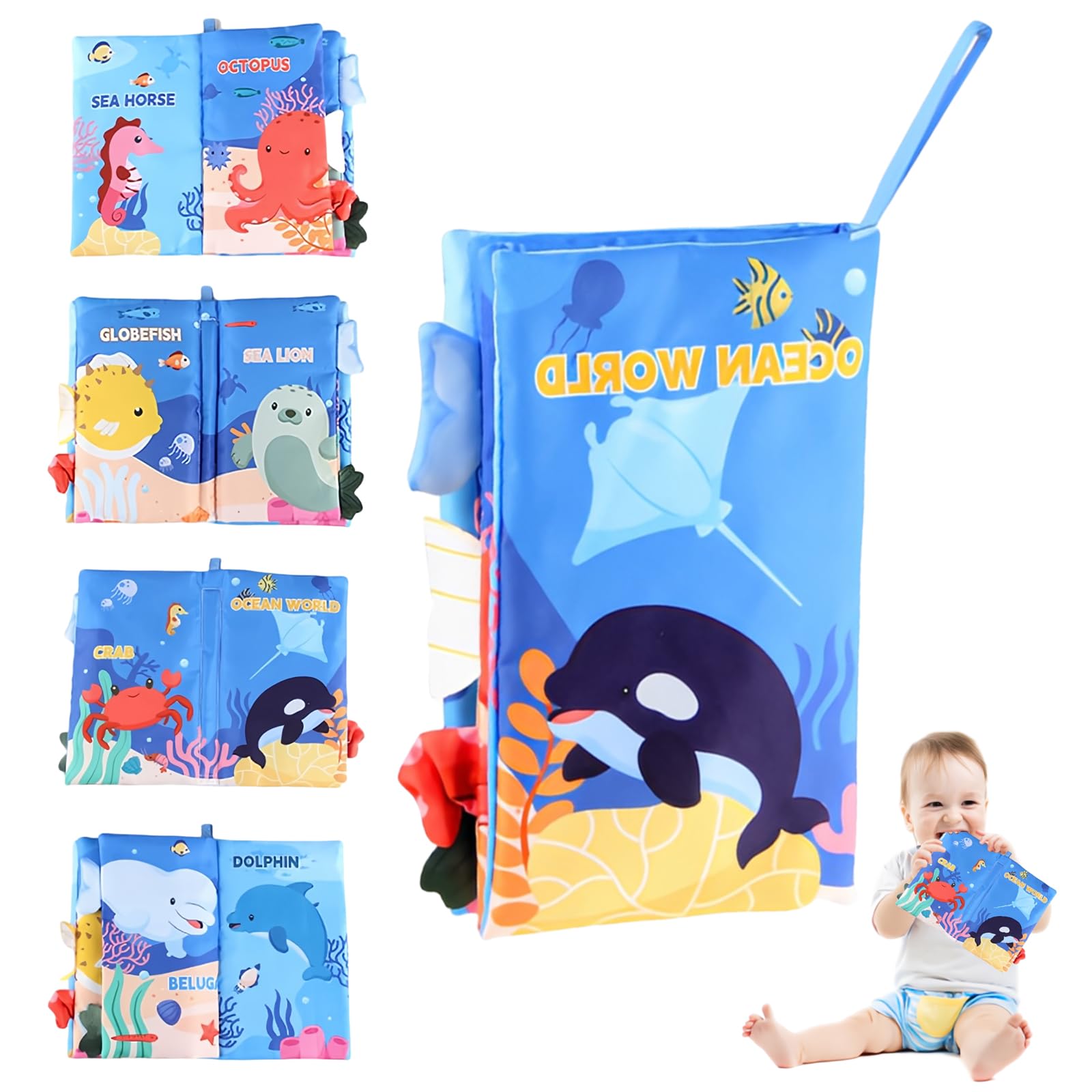 JAONLD Baby Book Cloth Toys Ocean Tails Sensory Book Soft Fabric Crinkle Pram Early Development Interactive Newborn Gifts for 0 3 6 12 Months Boys Girls