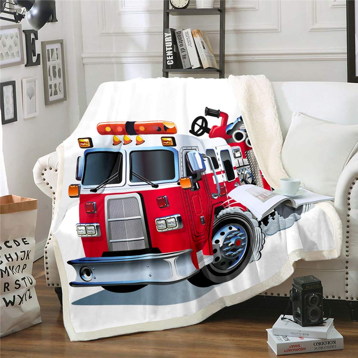 Boys Fire Truck Fleece Blanket Red Fire Engine Sherpa Throw Blanket for Sofa Couch Car Vehicle Print Warm Plush Blanket Reversible Fire Fighting Truck Fuzzy Blanket Room Decor Single 50"x60" — image 1