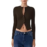 Ribbed Long Sleeve Cropped Cardigan for Women, Cute Button Up Going Out Tops Trendy Fall Fitted Knit Top