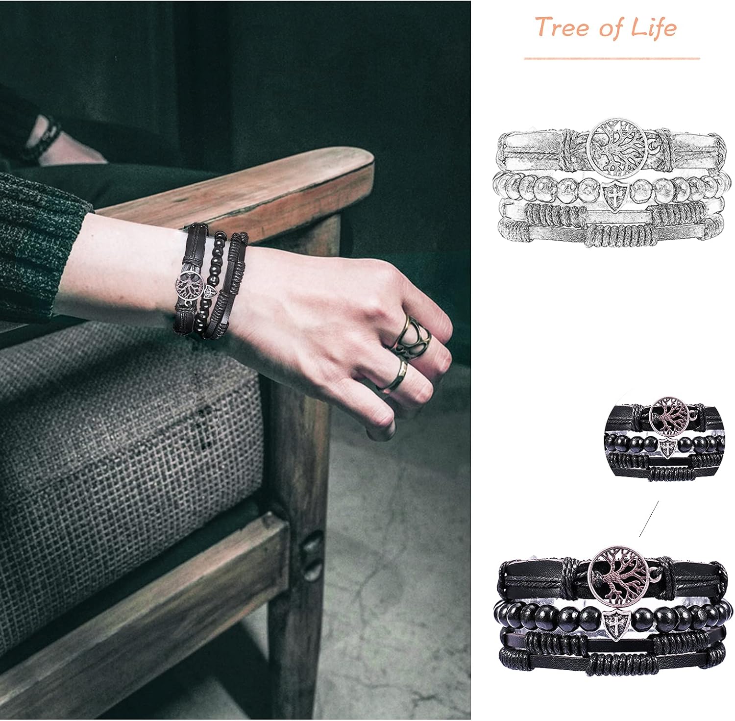 JEWPARK 36PCS Woven Leather Bracelet Set for Men Women Cool Braided Leather Wrist Cuff Bracelets Adjustable Handmade Wooden Beaded Bracelets Ethnic Tribal Linen String Bracelets: Jewelry