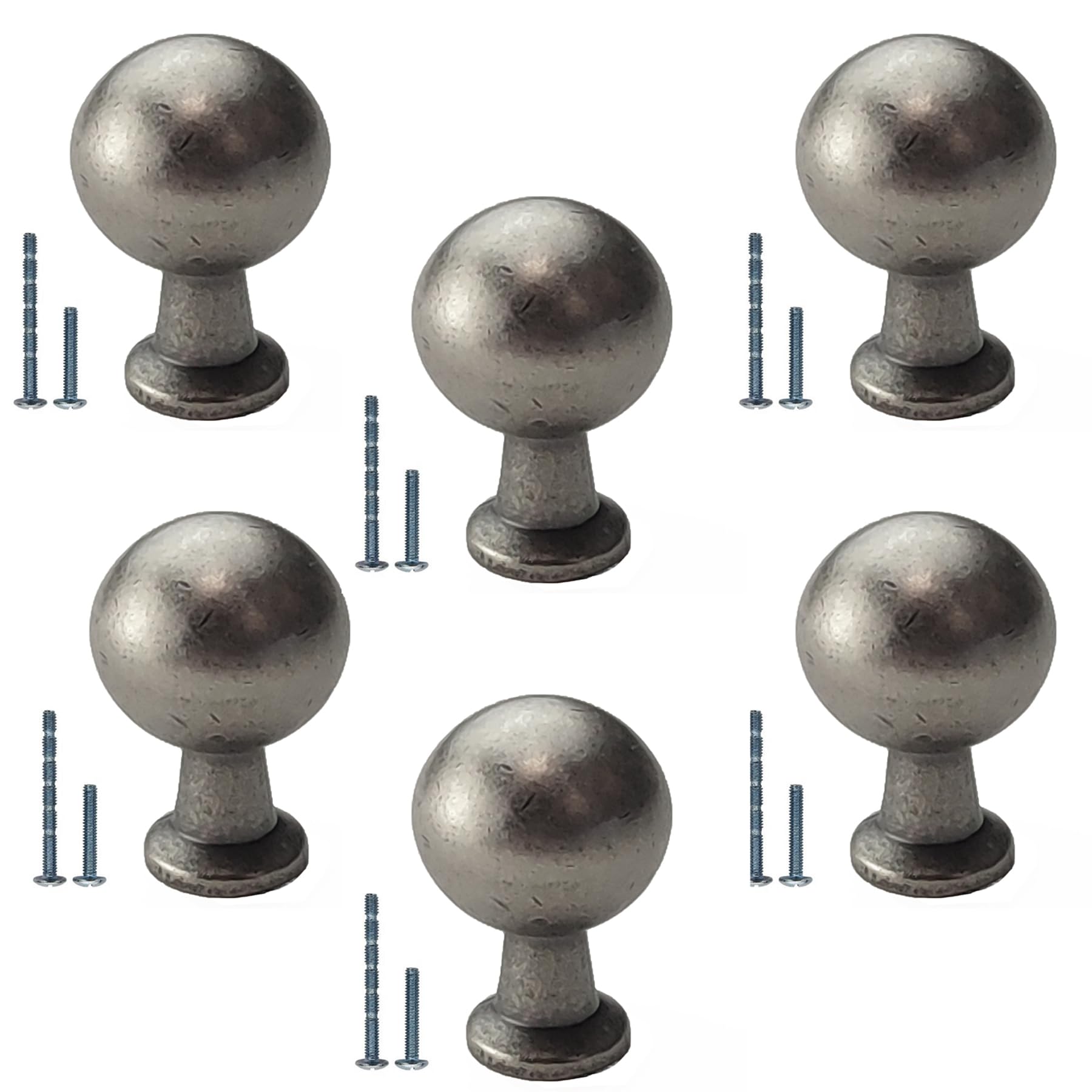 French Furniture Fittings Set of 6 Antique Pewter Cabinet Knobs - 23mm Round Cupboard Knobs for Kitchen Cabinets, Drawers & Furniture - Vintage Grey French Style Furniture Hardware