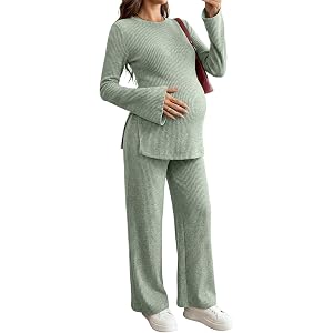 BLENCOT Maternity 2 Piece Outfits Ribbed Knit Long Sleeve Sets | Casual Comfy Lounge Pajamas, Side Slit Matching Set Pregnanc