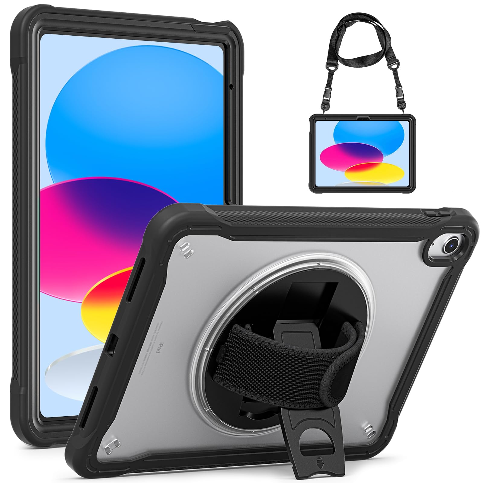 Gerutek for iPad 11th/10th Generation Case Shockproof, iPad 11th/10th Generation Rugged with[Clear Back Shell][360° Stand/Hand Strap][Shoulder Strap]Heavy Duty 10th Gen Protective Case,Black — image 1