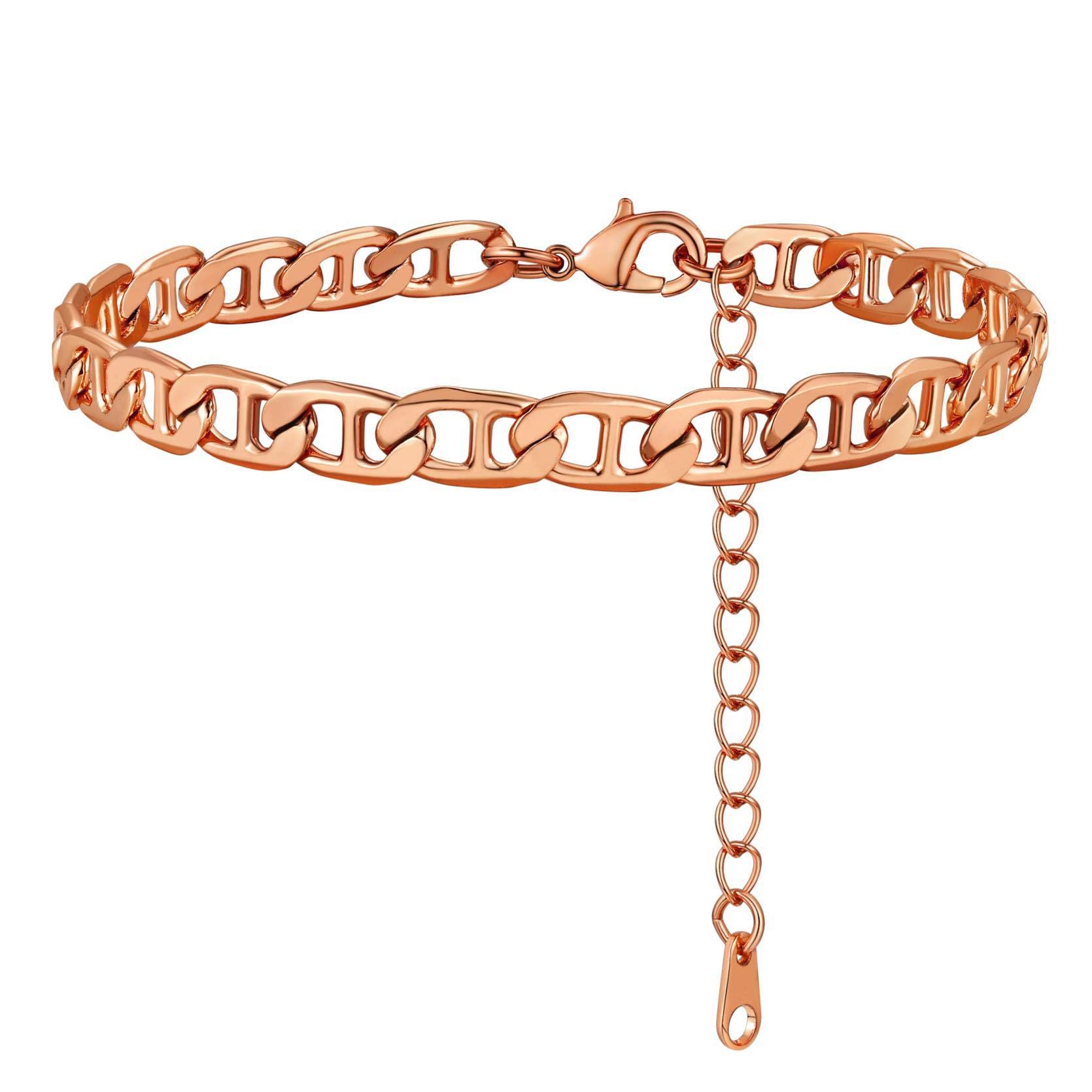GoldChic Jewelry Women's Rose Gold Anklet Bracelet, Flat Mariner Chain Ankle Jewellery For Summer Sandals, 6mm