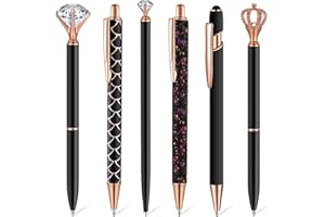 QEEENAR 6 Pcs Ballpoint Pens Set Metal Crystal Diamond Pen for Journaling Black Ink Ballpoint Pens Liquid Sand Glitter Pen Fancy Pens Gifts for Woman Girls Teacher School Office Home (Black)