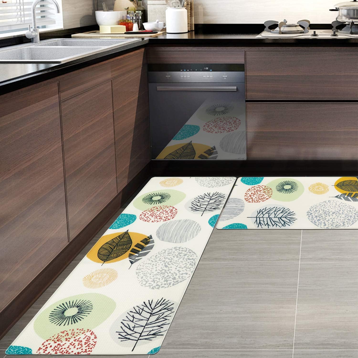 Pauwer Anti Fatigue Kitchen Floor Mat Set of 2 Non Slip Waterproof Comfort Standing Desk Mats Thick Cushioned Anti Fatigue Kitchen Rugs and Mats, Colorful Leaves: Kitchen & Dining