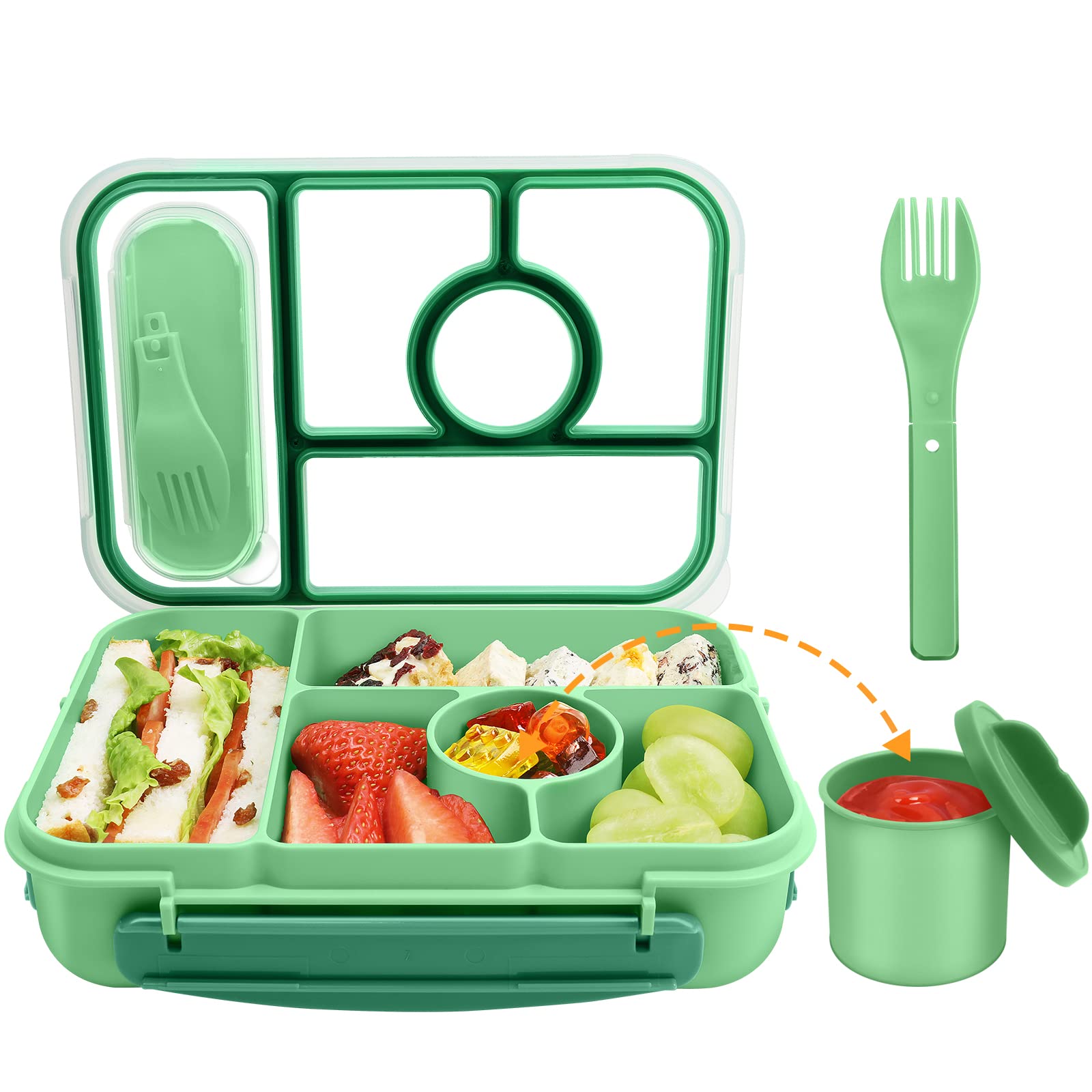 Photo 1 of Dagugu Lunch Box, 5 Compartments Bento Box for Adults/Kids/Toddler, Leakproof Sauce Containers, Microwave/Dishwasher Safe, BPA Free (Green)