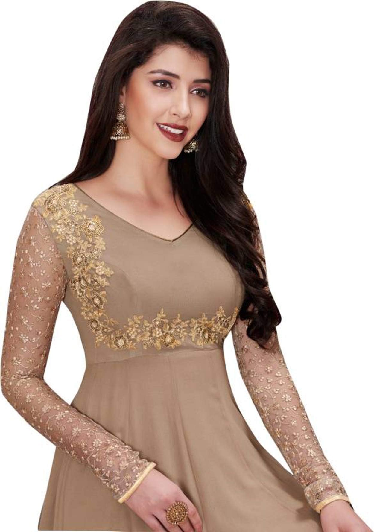 F4style Designer Georgette Embroidered Semi Stitched Long Anarkali Suit (ER10473) Peach