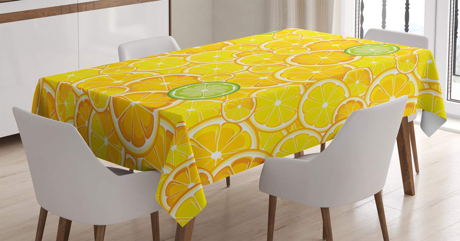 ABAKUHAUS Yellow Tablecloth, Lemon Orange Lime Fruit Citrus Round Cut Circles Big and Small Pattern, Dining Room Kitchen Table Cover, 54" x 94", White Green