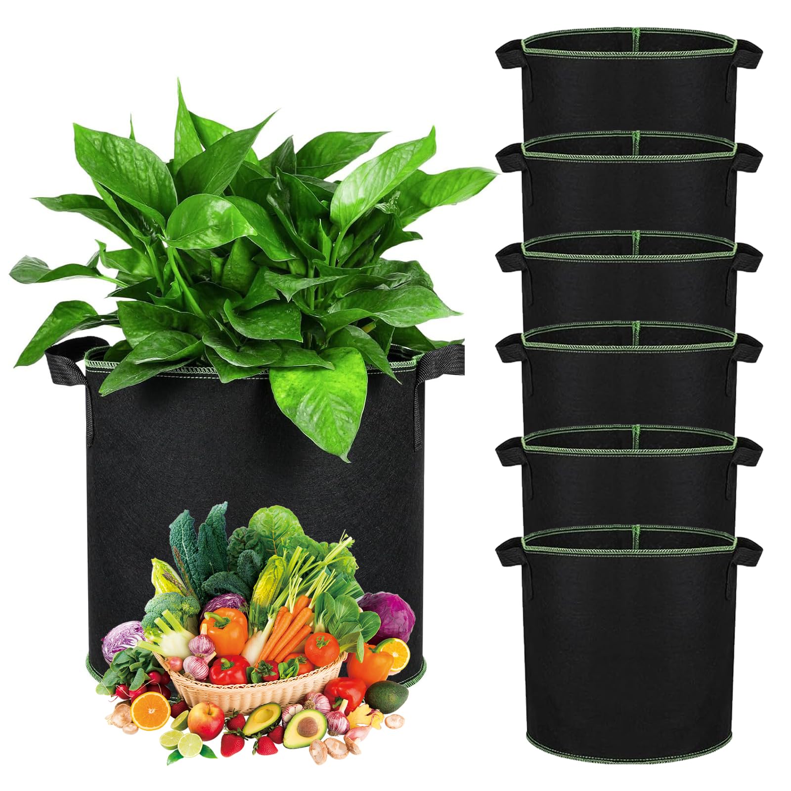 Norhogo 6 Pack 5 Gallons Plant Growing Bags, Indoor Garden Planter Bag, Nonwoven Fabric Breathable Grow Bag with Straps Handles, plant bag for Vegetables Flowers Herbs Potato Tomato Carrot Strawberry