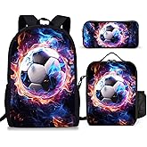 Okentiso Soccer Backpack Set for School, 17 Inch Casual School Bags with Lunch Box, Kids Daypack Bags and Pencil Case Set for Teens Boys Men Students