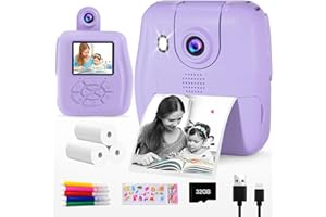 GKTZ Kids Camera Instant Print - 1080P HD Instant Print Photo - Christmas Birthday Gifts for Age 3-8 Girls Boys - Portable Toy with 3 Rolls Photo Paper, 5 Color Pens, 32GB Card (Purple)