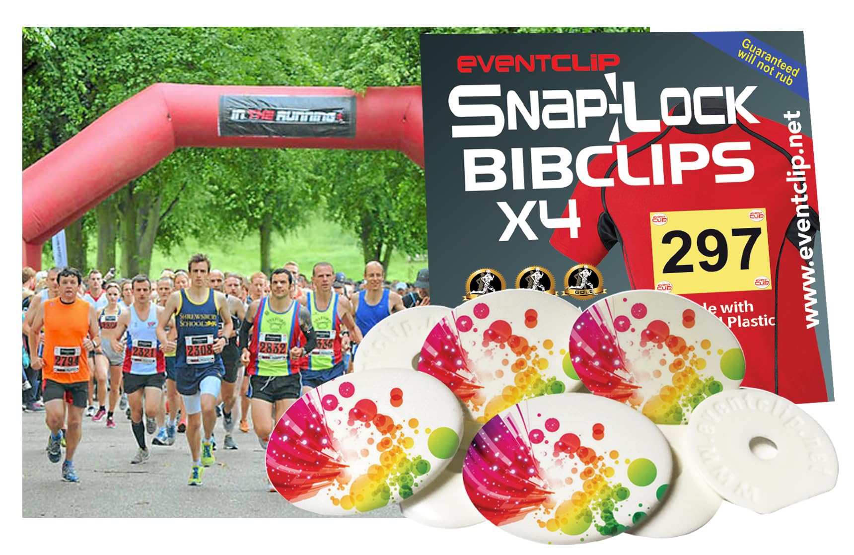 EventClip Runners Bib Clips X 4 Design 6 Proven Snap-Lock for Securing Running and Cycling Numbers Made in the UK with Recycled Plastic Since 2009 Far better than Magnets. Fed up with Safety Pins?