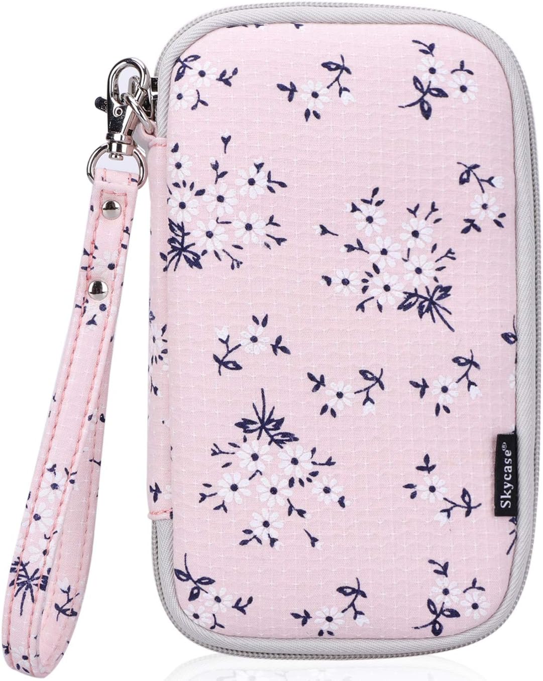 Skycase Passport Holder Travel Wallet Organizer with Credit Card Holder and Detachable Wristlet Strap, Floral Pink