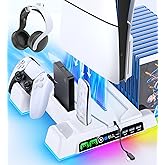 Cooling Stand for PS5/ Slim/Pro Disc & Digital Console, PS5 Cooling Station with Dual Controller Charging Station for PlayStation 5 Console, 3-Level Cooling Fan & PlayStation Vita Games
