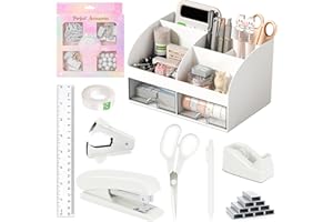 COMFYROOM Desk Accessories with Pen Holder, Office Supplies Desk Organizers and Accessories, Tape Dispenser, Stapler, Staple Remover, Staples, Clips Set, Ruler, Scissor, Pen, Tape (White)