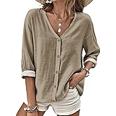 domirica Long Sleeve Button Up Shirts for Women Brethable Fashion V Neck Solid Shirts for Women Daily Wear Vacation Clothes
