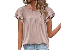 GOFLIC Summer Tops for Women Eyelet Ruffle Sleeve Blouses Solid Color Babydoll Shirts Casual Loose Crewneck Tunic Tops