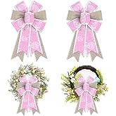 Hying 2PCS Easter Bows for Wreath, Burlap Easter Egg Wreath Bows for Easter Décor, Burlap White Dots Pink Bows for Front Door Indoor Outdoor Wall Tree Topper Decoration Supplies Ornament