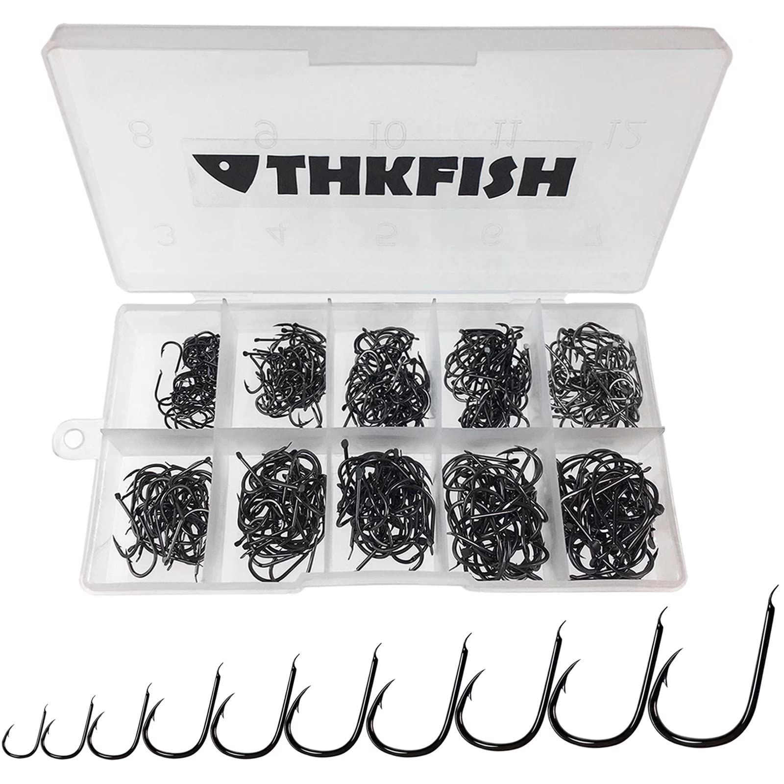 THKFISH High Carbon Steel Fishing Hooks - 500PCS Eyeless Hooks in 10 Sizes with Plastic Box — image 1
