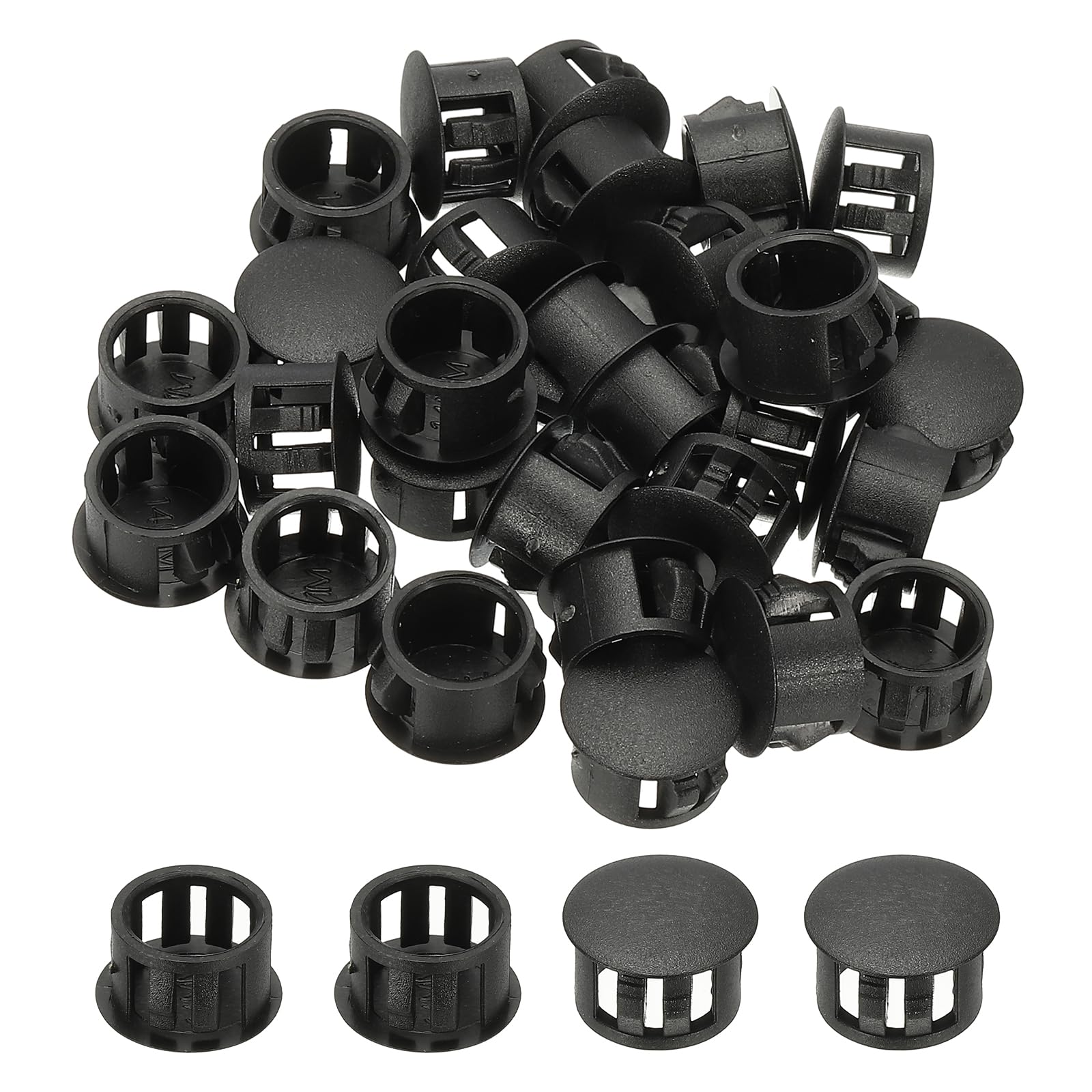 PATIKIL Plastic Hole Plugs, 48 Pcs 3/5"(15mm) Plastic Plugs Screw Hole Plug Snap Desk Grommet Buckle Knockout Locking Plugs Furniture Insert End Cap for Holes Kitchen Cabinet, Black