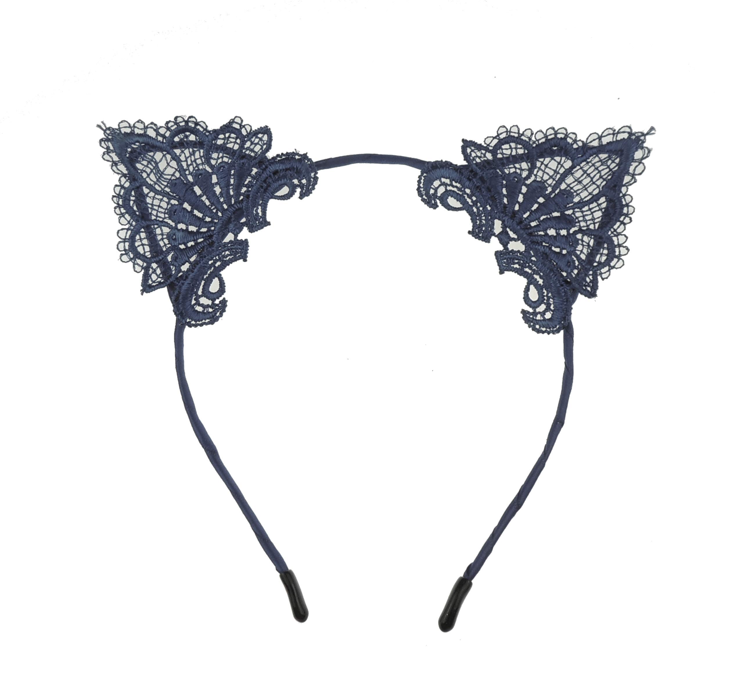 Glamour Girlz Womens Fancy Dress Up Party Role Play Cosplay Costume Christmas Hen Do Halloween Deeley Bopper Headband Hairband Hair Alice Band Fabric Lace Cat Kitten Ears Navy