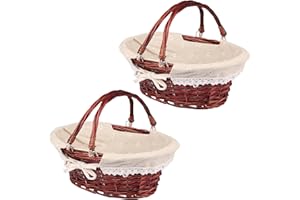 2 Pack Medium Size Wicker Basket with Handle, 12.6x9x4.7 in Wicker Picnic Basket with Liner, Empty Gift Basket, Oval Willow Woven Basket for Fruit, Candy, Wine, Gathering, Wedding, Picnic,by GNIEMCKIN