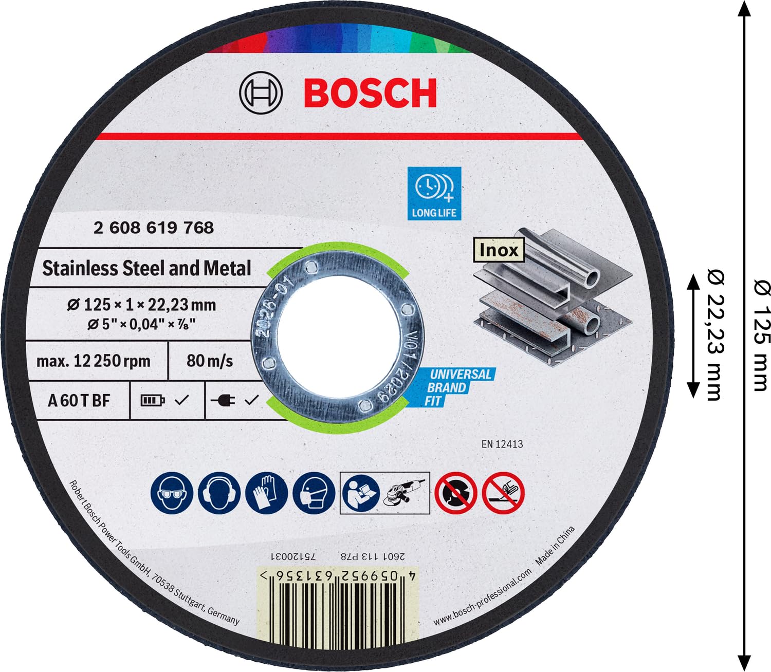 Bosch 1x Stainless Steel and Metal Trennscheibe Long Life, Bohrung 22,23 mm (für Edelstahl, Stahl, Ø 125 mm, Professional Zubehör Kleiner Winkelschleifer) 3