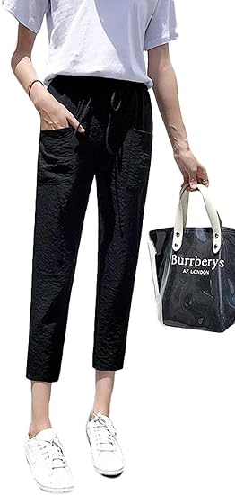 Amazon Zhongjue ジュージェン レディース 9分丈 パンツ ゆったり 無地 ウエストゴム カジュアルパンツ 夏 テーパードパンツ リネンパンツ カジュアル 12黒 ロングパンツ 通販