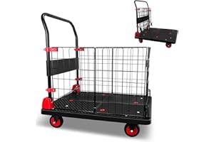 WARMYOU Platform Truck Cart with Cage, Foldable Push Cart Dolly 880lb Capacity w/ 5'' TPR 360 Degree Swivel Wheels, Heavy Duty Moving Portable Hand Trucks for Warehouse, Groceries, Garage