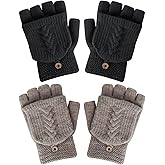 YSense Womens Winter Gloves, 2 Pack Warm Knitted Convertible Fingerless Gloves for Women Gifts with Mittens Cover Cap