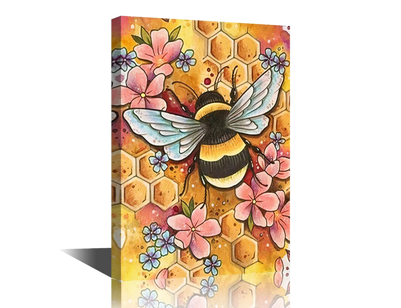 TISHIRON Wall Art Bee Flower Canvas Painting Gallery Wrapped Stretched Framed Painting Arts Craft for Living Room Bedroom Home Office Decor Home Wall Decor Friends Gift Ready to Hang 16x24inch